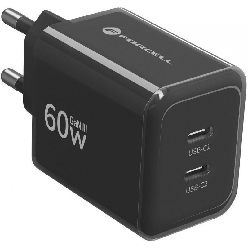 Forcell F-Energy GaN III VT-60 60W PD QC 4.0+ 2x USB-C must seinalaadija + USB-C kaabel