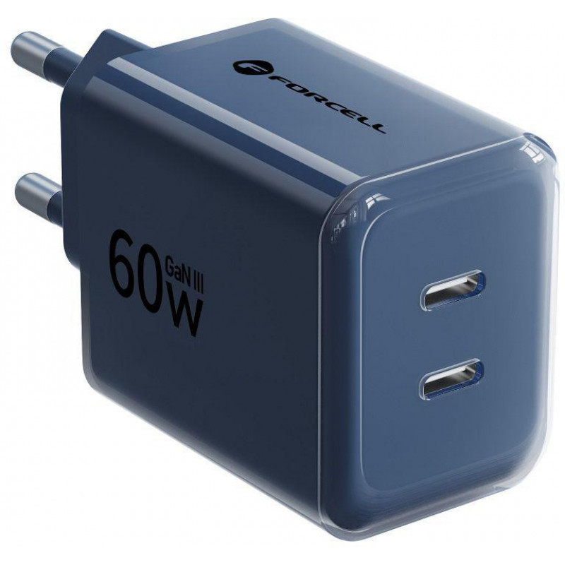 Forcell F-Energy GaN III VT-60 60W PD QC 4.0+ 2x USB-C seinalaadija tumesinine + USB-C kaabel