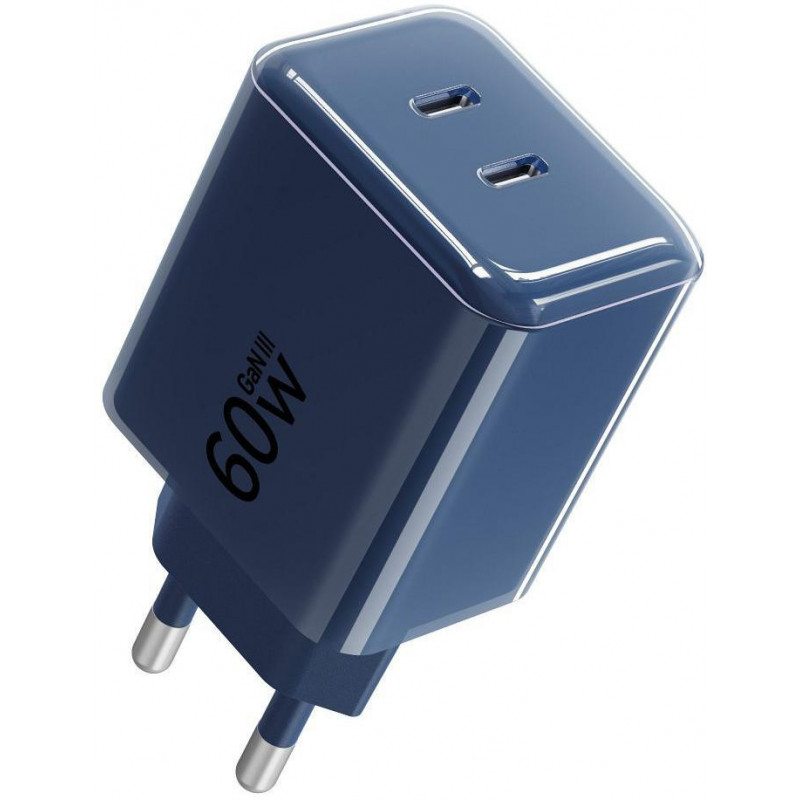 Forcell F-Energy GaN III VT-60 60W PD QC 4.0+ 2x USB-C seinalaadija tumesinine + USB-C kaabel