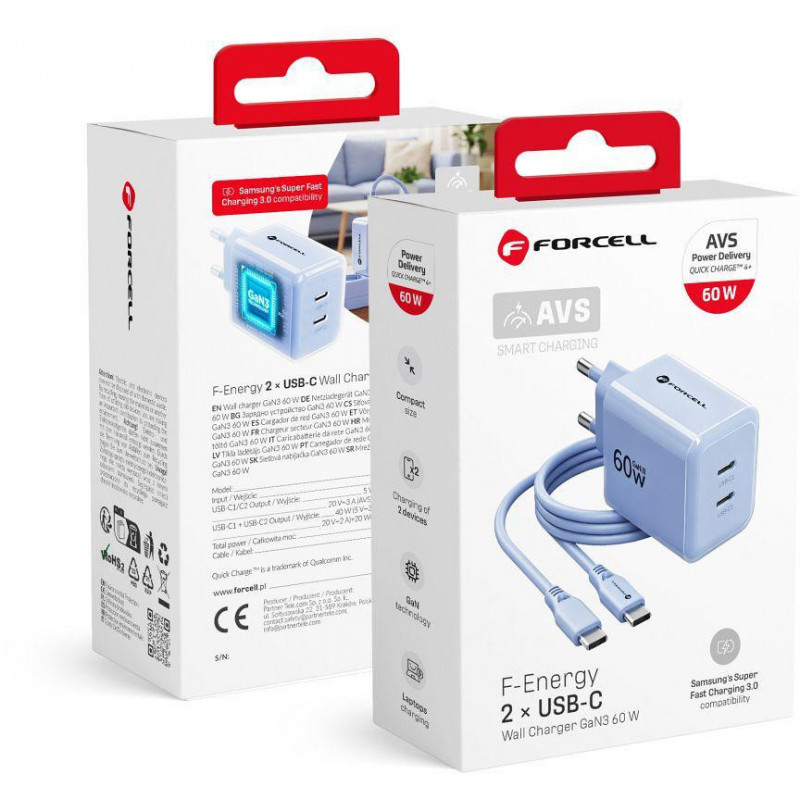 Forcell F-Energy GaN III VT-60 60W PD QC 4.0+ 2x USB-C seinalaadija sinine + USB-C kaabel