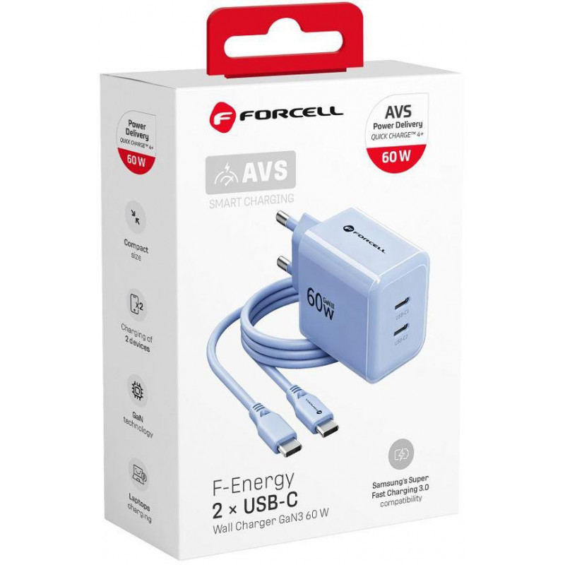 Forcell F-Energy GaN III VT-60 60W PD QC 4.0+ 2x USB-C seinalaadija sinine + USB-C kaabel