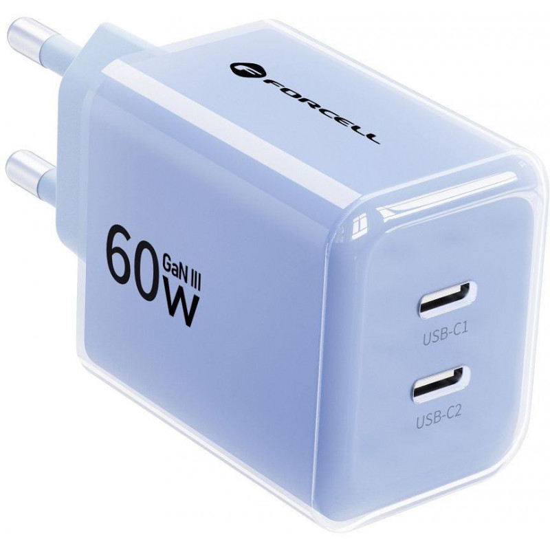 Forcell F-Energy GaN III VT-60 60W PD QC 4.0+ 2x USB-C seinalaadija sinine + USB-C kaabel
