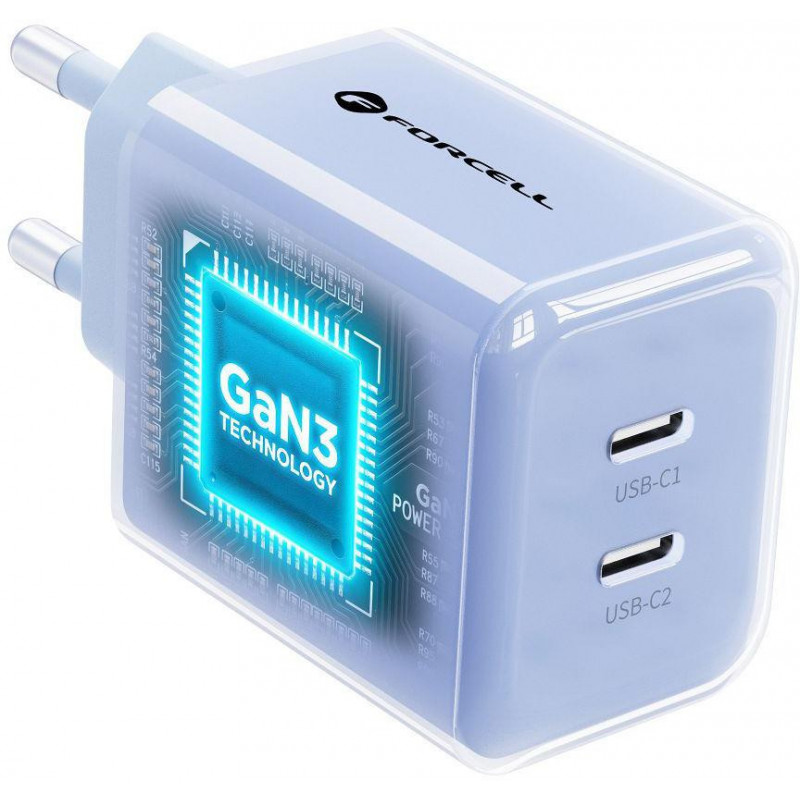 Forcell F-Energy GaN III VT-60 60W PD QC 4.0+ 2x USB-C seinalaadija sinine + USB-C kaabel