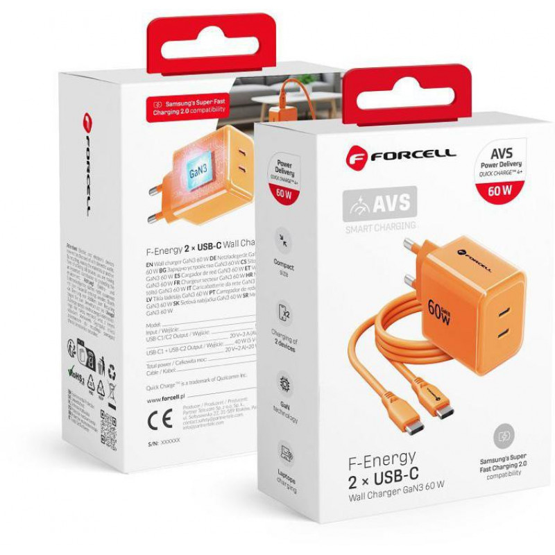 Forcell F-Energy GaN III VT-60 60W PD QC 4.0+ 2x USB-C seinalaadija oranž + USB-C kaabel