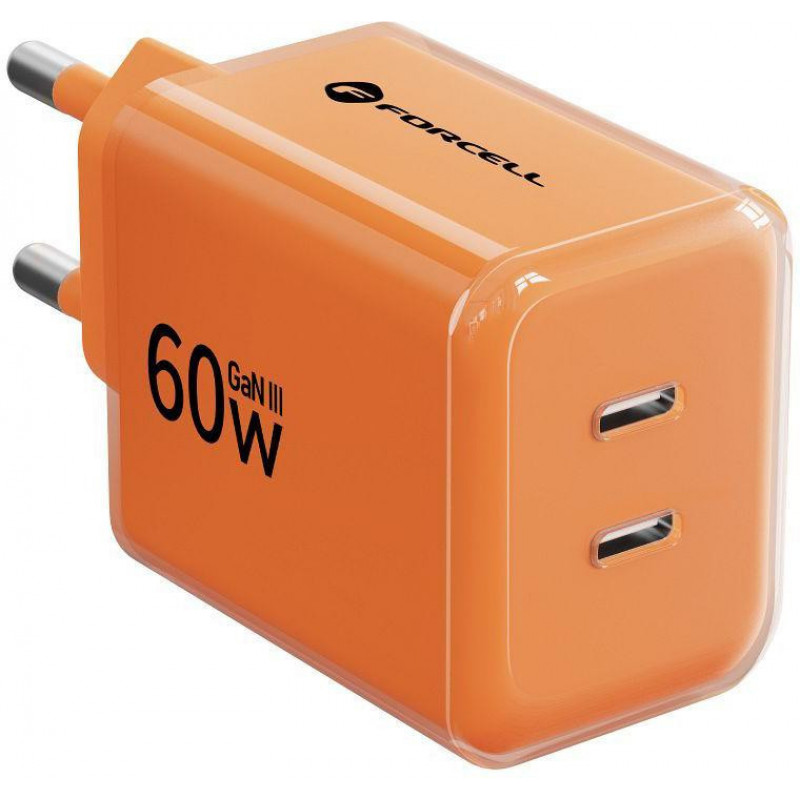 Forcell F-Energy GaN III VT-60 60W PD QC 4.0+ 2x USB-C seinalaadija oranž + USB-C kaabel
