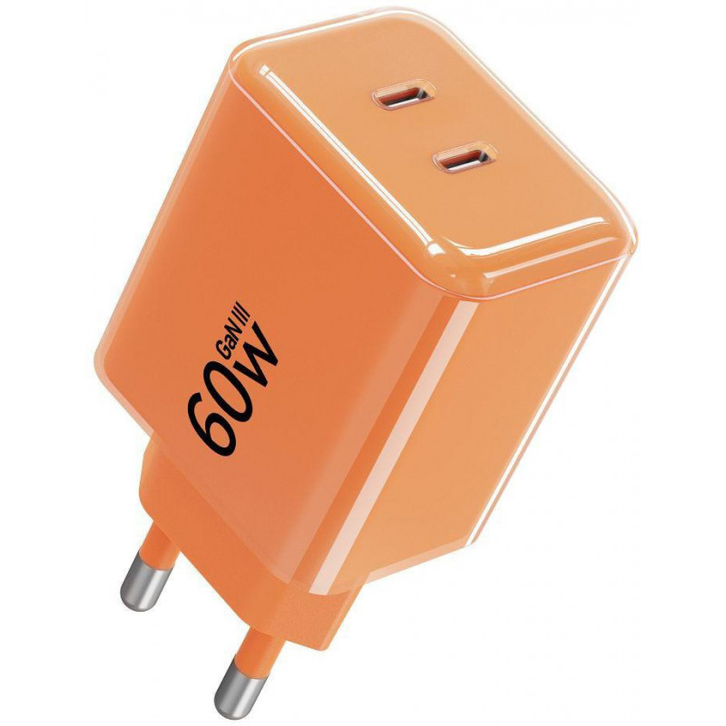 Forcell F-Energy GaN III VT-60 60W PD QC 4.0+ 2x USB-C seinalaadija oranž + USB-C kaabel
