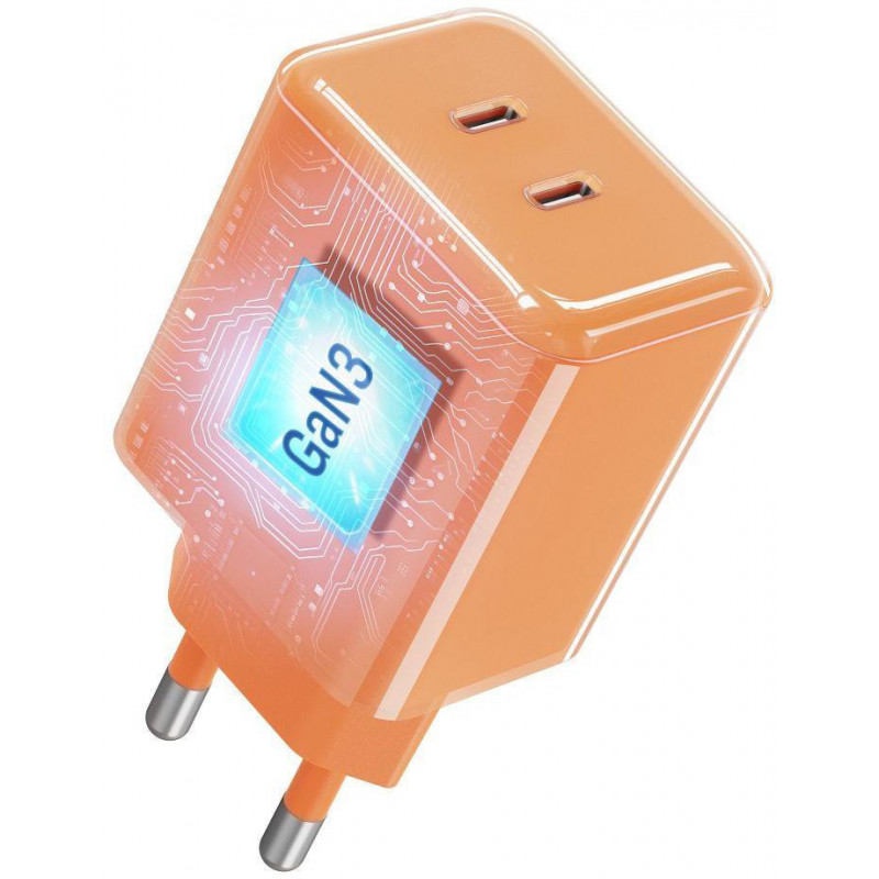 Forcell F-Energy GaN III VT-60 60W PD QC 4.0+ 2x USB-C seinalaadija oranž + USB-C kaabel