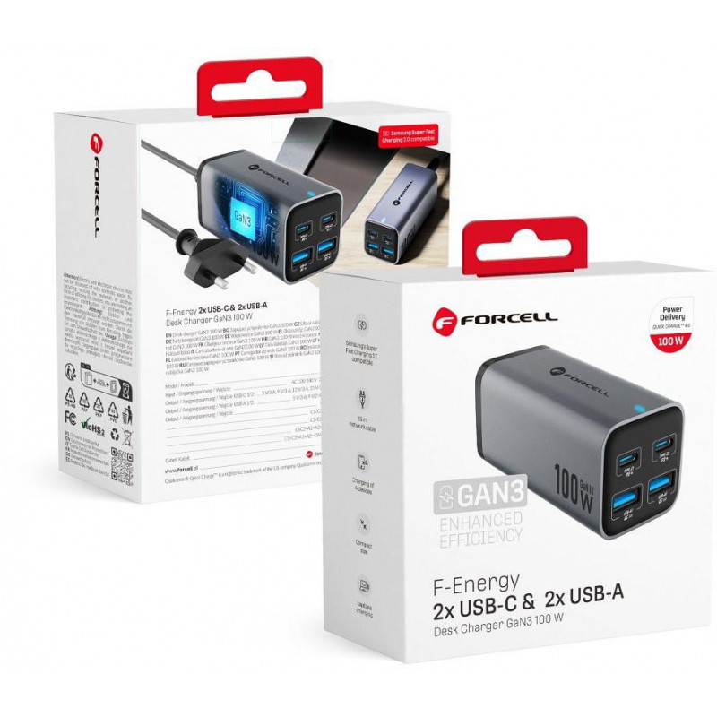 Forcell F-Energy GaN III VT-49 lauapealne laadija, 2x USB-C + 2x USB-A, PD, QC 4.0, 100 W, hall