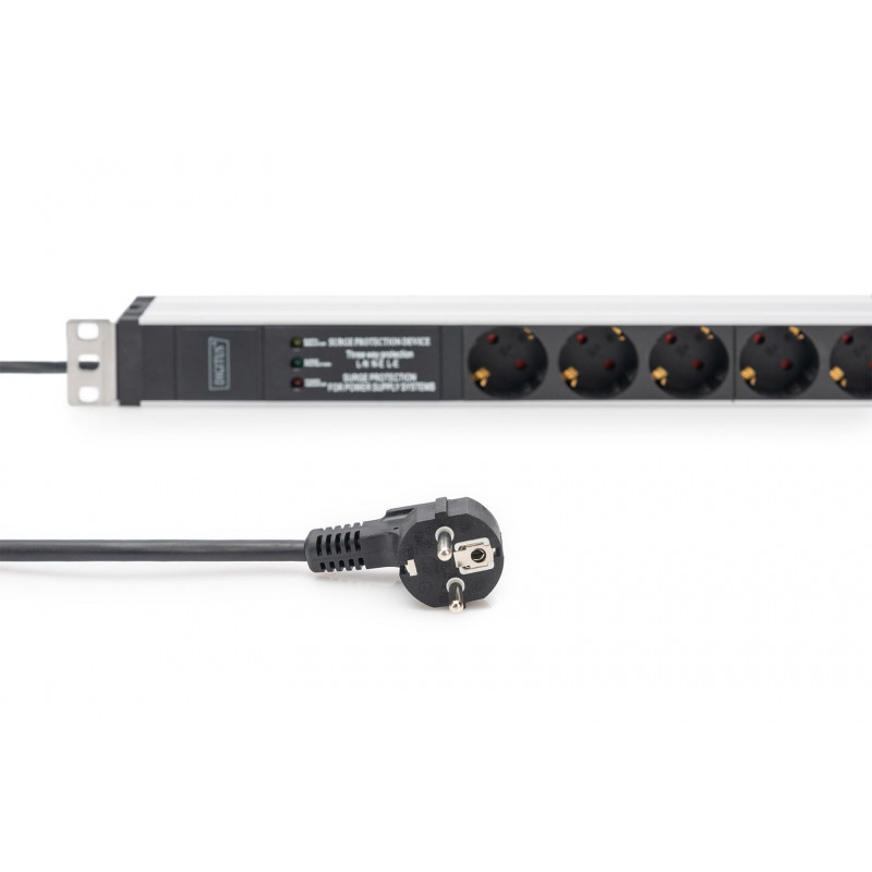 Digitus DN-95432 19 inch räki PDU, 6x Schuko, 2 m kaabel, Schuko pistik, 16 A, liigpingekaitse ja filter