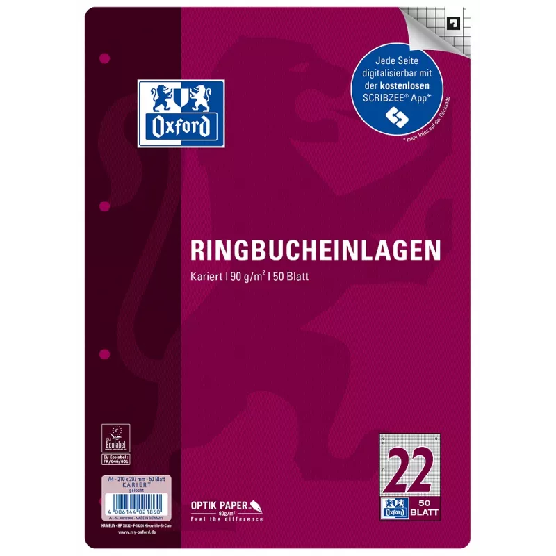 Oxford ringkaustiku lehed, DIN A4, ruuduline (joonestus 22), 50 lehte, veeristeta, 4 auguga