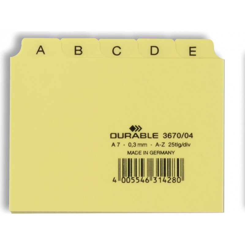 Durable A-Z register A7 kaardikarpidele, reljeefne PP, kollane