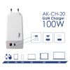 Seinalaadija Akyga AK-CH-20 100W USB-C USB-A PD GaN 5-20V / 1.5-5A valge