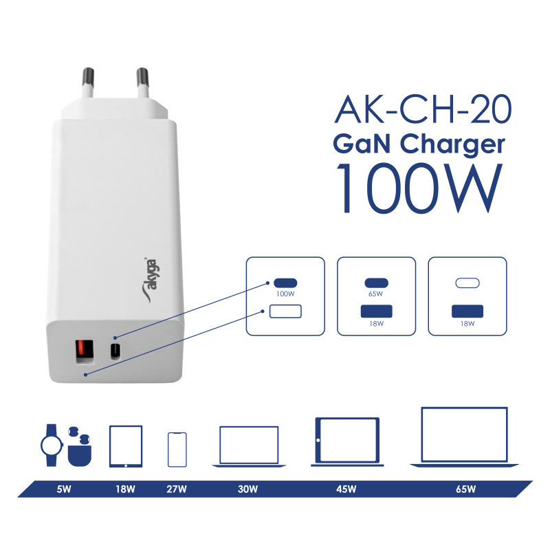 Seinalaadija Akyga AK-CH-20 100W USB-C USB-A PD GaN 5-20V / 1.5-5A valge