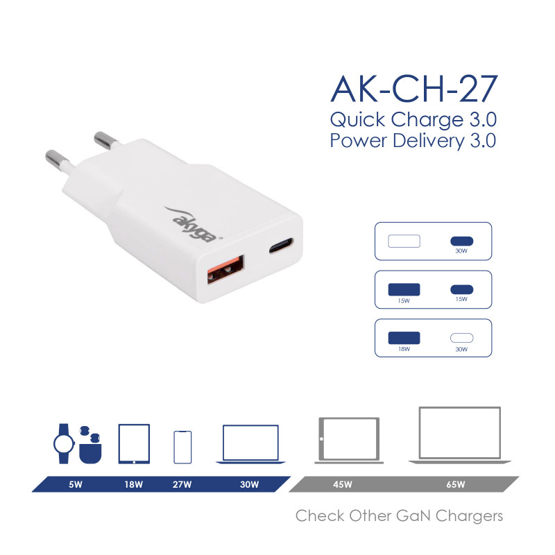 Seinalaadija Akyga AK-CH-27 30W USB-C USB-A PD GaN 5-20V / 1.5-3A valge