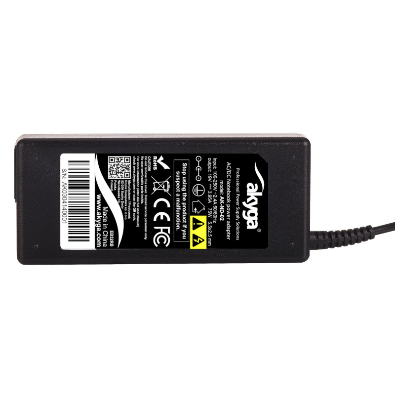 Akyga AK-ND-02 sülearvuti toiteadapter 19 V / 3,95 A, 75 W, 5,5 x 2,5 mm, 1,2 m, ASUS / Toshiba / Lenovo sülearvutitele