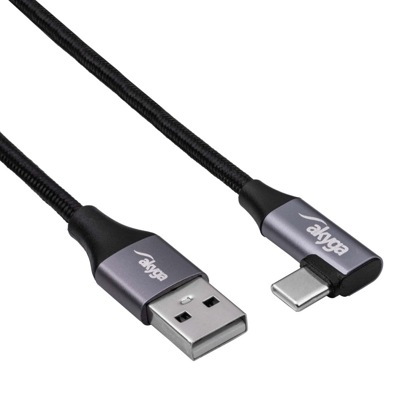 Akyga AK-USB-74 USB-A - nurga all USB-C punutud kaabel, USB 2.0, 60 W, 1 m, must