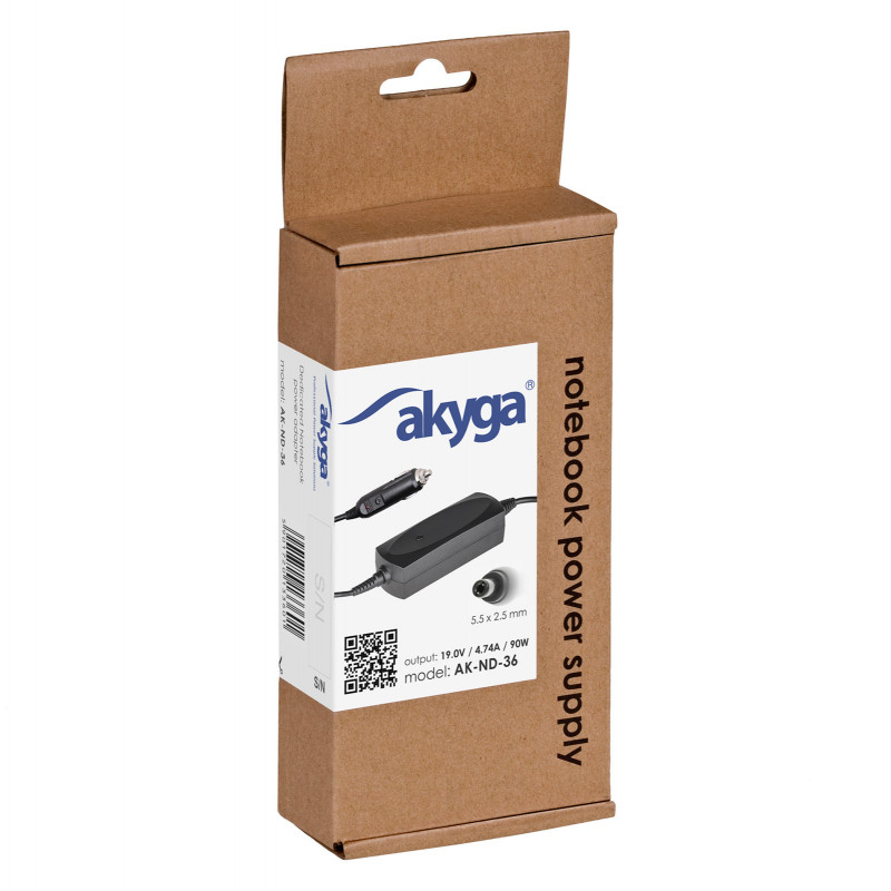 Akyga AK-ND-36 sülearvuti autolaadija 19 V / 4,74 A, 90 W, 5,5 x 2,5 mm, ASUS / Toshiba sülearvutitele