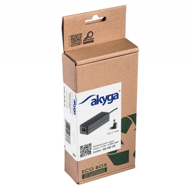 Akyga AK-ND-49 sülearvuti toiteadapter 12 V / 3,0 A, 36 W, 4,8 x 1,7 mm, 1,2 m, ASUS sülearvutitele
