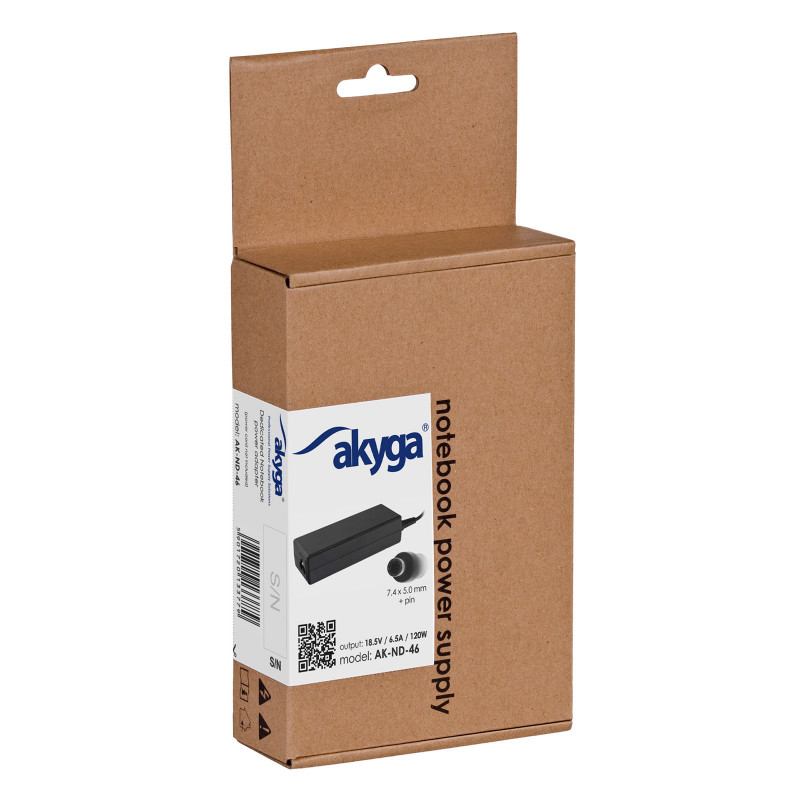 Akyga AK-ND-46 sülearvuti toiteadapter 18,5 V / 6,5 A, 120 W, 7,4 x 5,0 mm + tihvt, 1,2 m, HP sülearvutitele