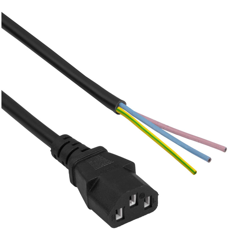 Akyga AK-OT-02A toitekaabel IEC C13 – vaba ots, CCA 3 x 0,5 mm², 1,5 m, must