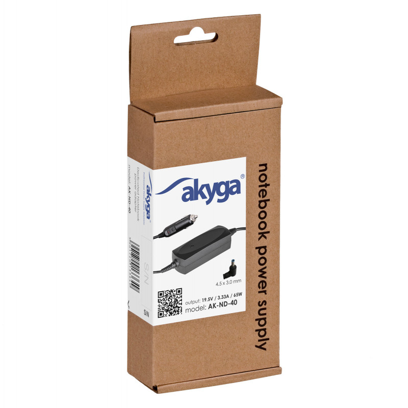 Akyga AK-ND-40 sülearvuti autolaadija 19,5 V / 3,33 A, 65 W, 4,5 x 3,0 mm + tihvt, HP sülearvutitele