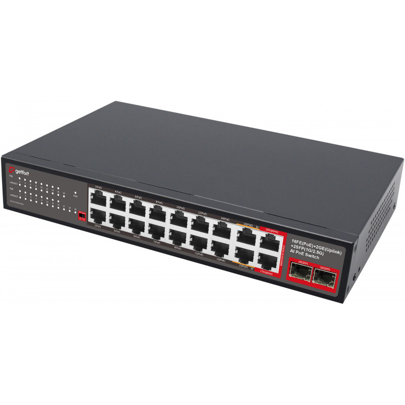 Getfort GF-120G-16P-240 PoE-lüliti, 16 x 10/100 PoE + 2 x GE + 2 x SFP, 240 W
