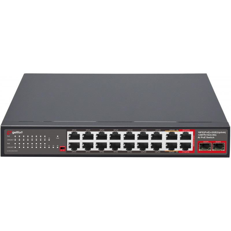 Getfort GF-120G-16P-240 PoE-lüliti, 16 x 10/100 PoE + 2 x GE + 2 x SFP, 240 W