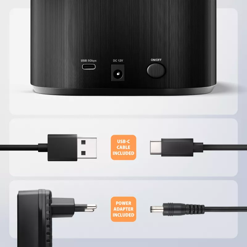 Axagon ADSA-SC dokkimisjaam 2,5/3,5-tollistele SATA-ketastele, USB-C 5 Gbps, kloonimisfunktsiooniga
