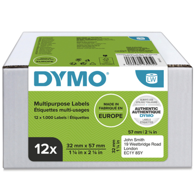 DYMO 2093095 LabelWriter universaalsed etiketid, 32 x 57 mm, 12 rulli, valged