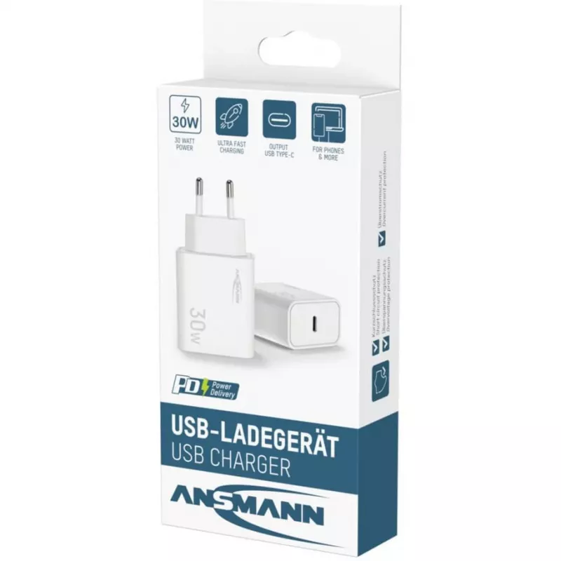 Ansmann Home Charger HC130PD USB-laadija, 1x USB-C, PPS, PD, Quick Charge, 30 W, valge