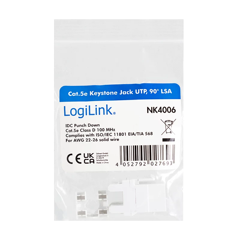 LogiLink NK4006 RJ45 keystone moodul, Cat.5e UTP, 90° pressühendus, valge