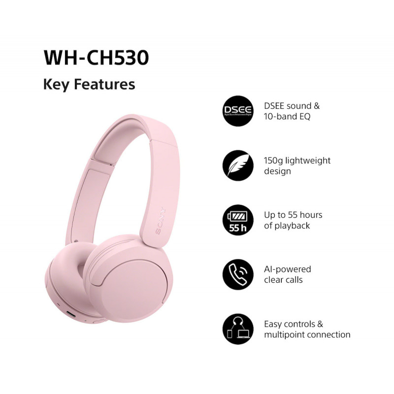 Sony WH-CH530 Bluetooth kõrvale asetatavad kõrvaklapid mikrofoniga, mürasummutus, roosa
