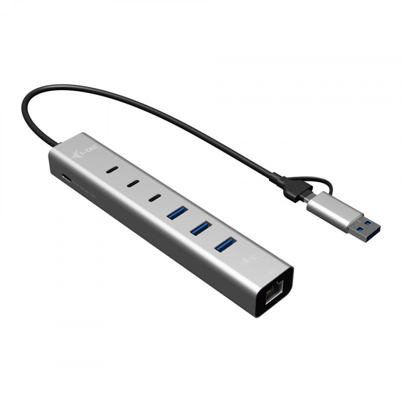 i-tec CAHUBMETAL6LANPD USB-C/USB-A metalljaotur, 6 porti, Gigabit LAN, Power Delivery 85 W, hõbedane