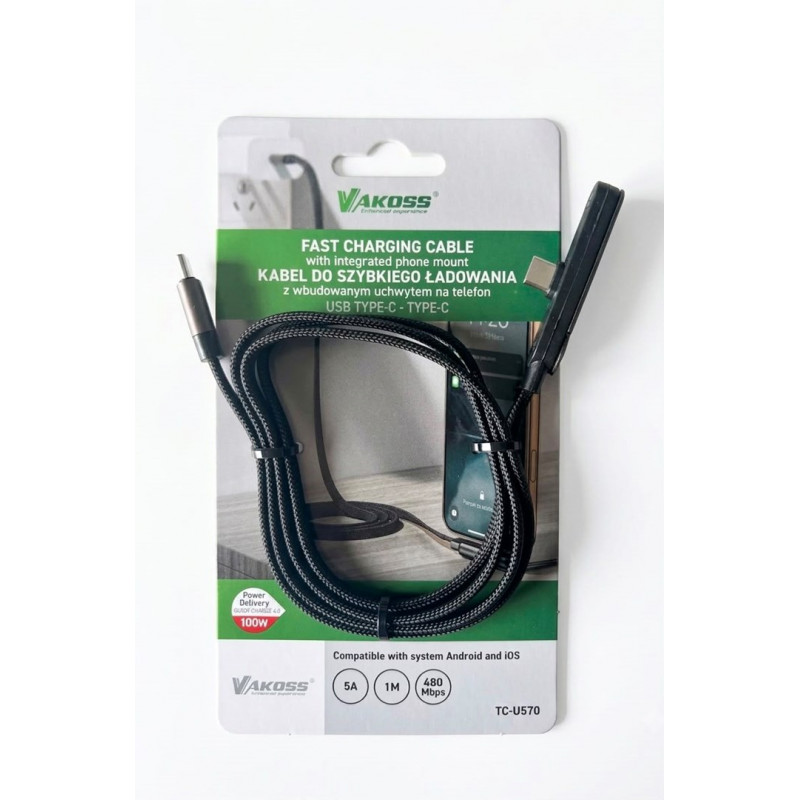 Vakoss TC-U570 USB-C – USB-C kaabel alusfunktsiooniga, 100 W, 1 m, must