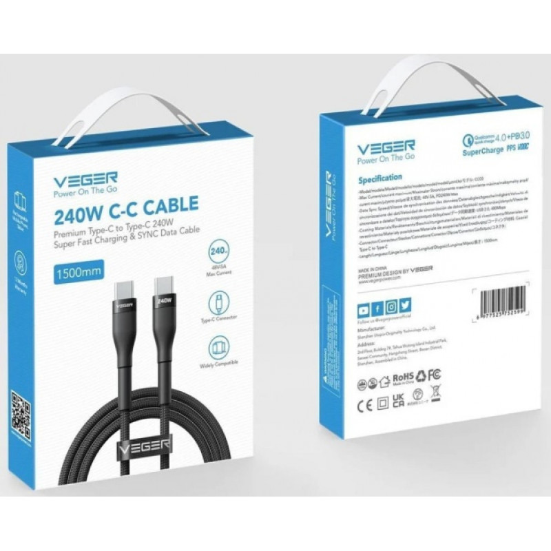Veger CC03 USB-C–USB-C kaabel, PD 48 V 5 A 240 W, 1,5 m, must
