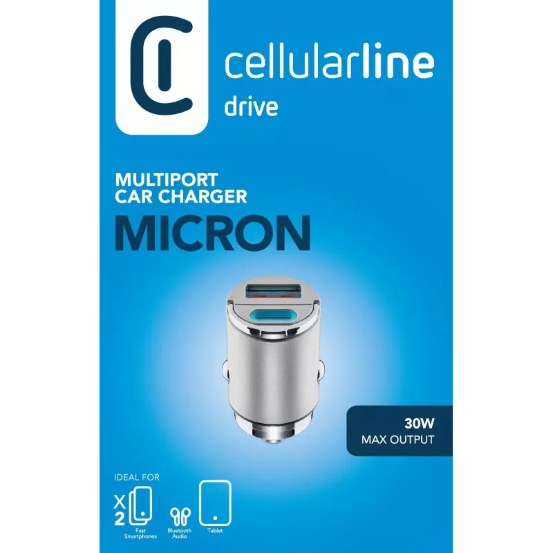 Cellularline Micron 30 W autolaadija, mitme pordiga USB-C/USB-A