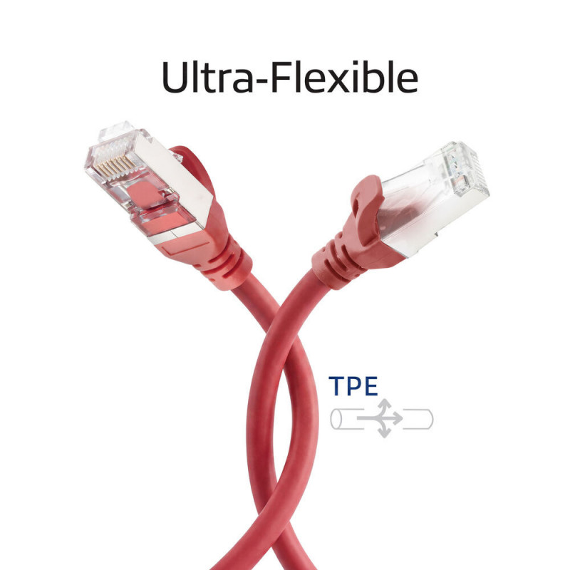 ACT FC2552 ülipaindlik CAT6A S/FTP ühenduskaabel, 0,25 m, TPE, RJ45, kinnijäämist takistavate pistikutega, punane