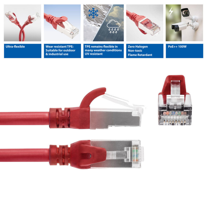 ACT FC2552 ülipaindlik CAT6A S/FTP ühenduskaabel, 0,25 m, TPE, RJ45, kinnijäämist takistavate pistikutega, punane