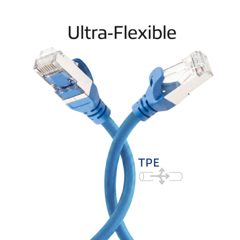 ACT FC2602 ülipaindlik CAT6A S/FTP ühenduskaabel, 2 m, TPE, RJ45, kinnijäämist takistavate pistikutega, sinine