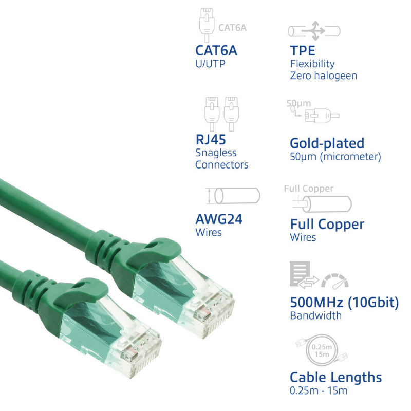 ACT FC1700 U/UTP CAT6A võrgukaabel, TPE, ülipaindlik, RJ45, 0,5 m, roheline