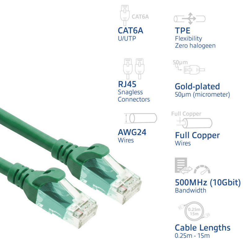 ACT FC1703 U/UTP CAT6A võrgukaabel, TPE, ülipaindlik, RJ45, 3 m, roheline