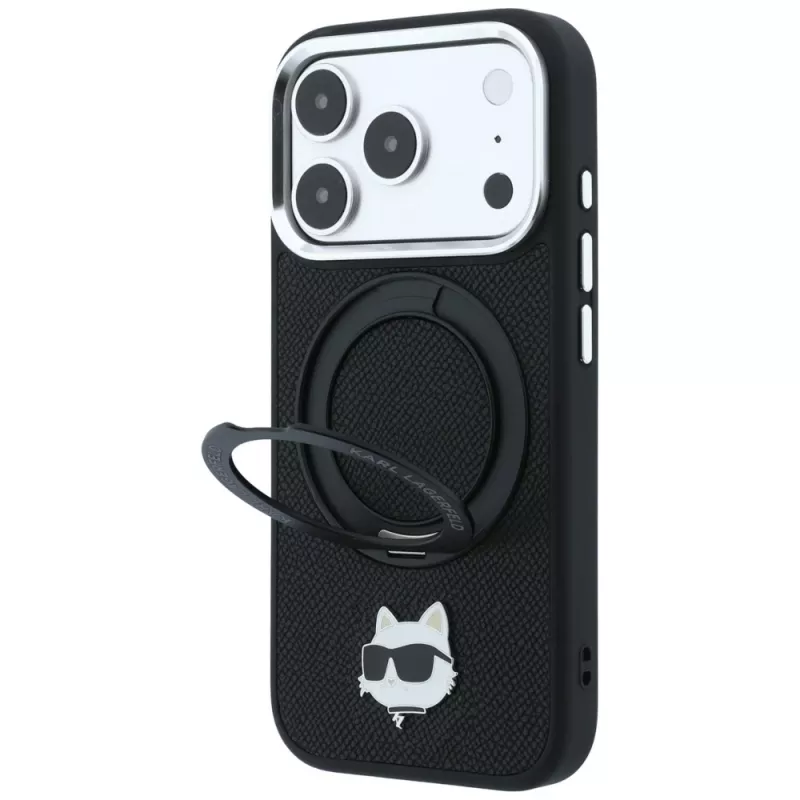 Karl Lagerfeld KF003216 Ring Stand 360 Choupette Head Pin MagSafe ümbris iPhone 18 Pro Max / 17 Pro Max jaoks, must