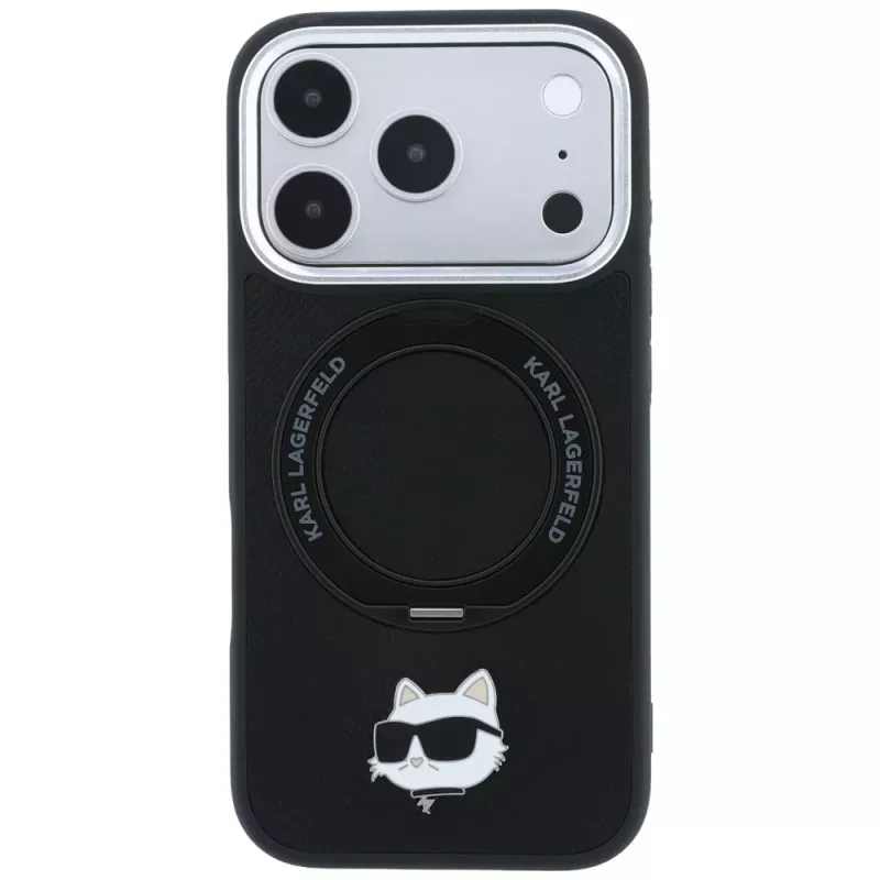 Karl Lagerfeld KF003216 Ring Stand 360 Choupette Head Pin MagSafe ümbris iPhone 18 Pro Max / 17 Pro Max jaoks, must