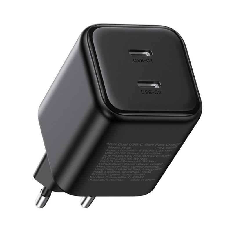 Ugreen X526 laadija 45 W, 2 x USB-C, GaN, must