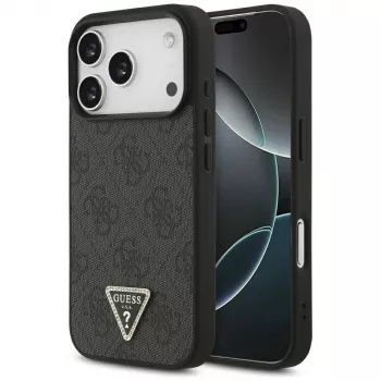 Guess Leather 4G Triangle Strass MagSafe ümbris iPhone 18 Pro / 17 Pro jaoks, must