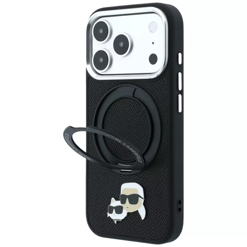 Karl Lagerfeld Ring Stand 360 Karl & Choupette Heads Pin ümbris MagSafe'iga iPhone 18 Pro / 17 Pro jaoks, must