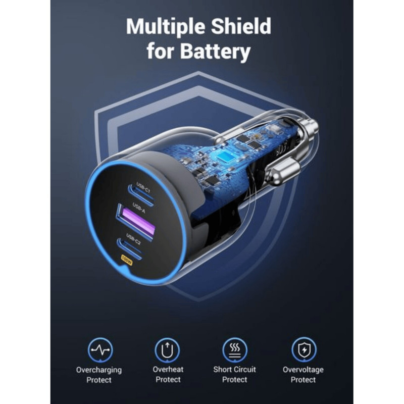 Ugreen EC705 autolaadija, USB + 2x USB-C, 130 W, 1 m 5 A kaabliga