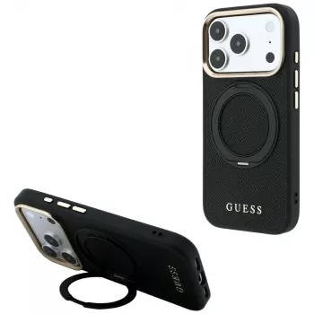 Guess GUE005670 ümbris iPhone 18 Pro Max / 17 Pro Max jaoks, Ring Stand 360 Grained Classic Logo, MagSafe, must