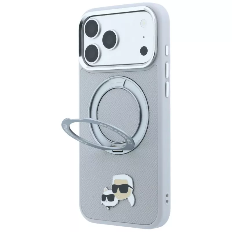 Karl Lagerfeld KF003229 ümbris 360 sõrmusstatiiviga Karl & Choupette Heads Pin MagSafe iPhone 18 Pro / 17 Pro jaoks, hall