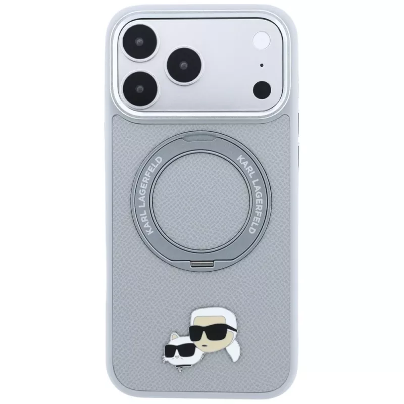 Karl Lagerfeld KF003229 ümbris 360 sõrmusstatiiviga Karl & Choupette Heads Pin MagSafe iPhone 18 Pro / 17 Pro jaoks, hall